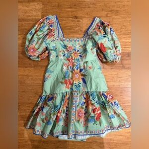 FARM Rio Green Floral Puff Sleeve Mini Dress